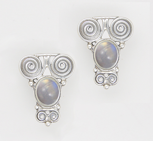 Sterling Silver And Rainbow Moonstone Drop Dangle Earrings With an Art Deco Inspired Style